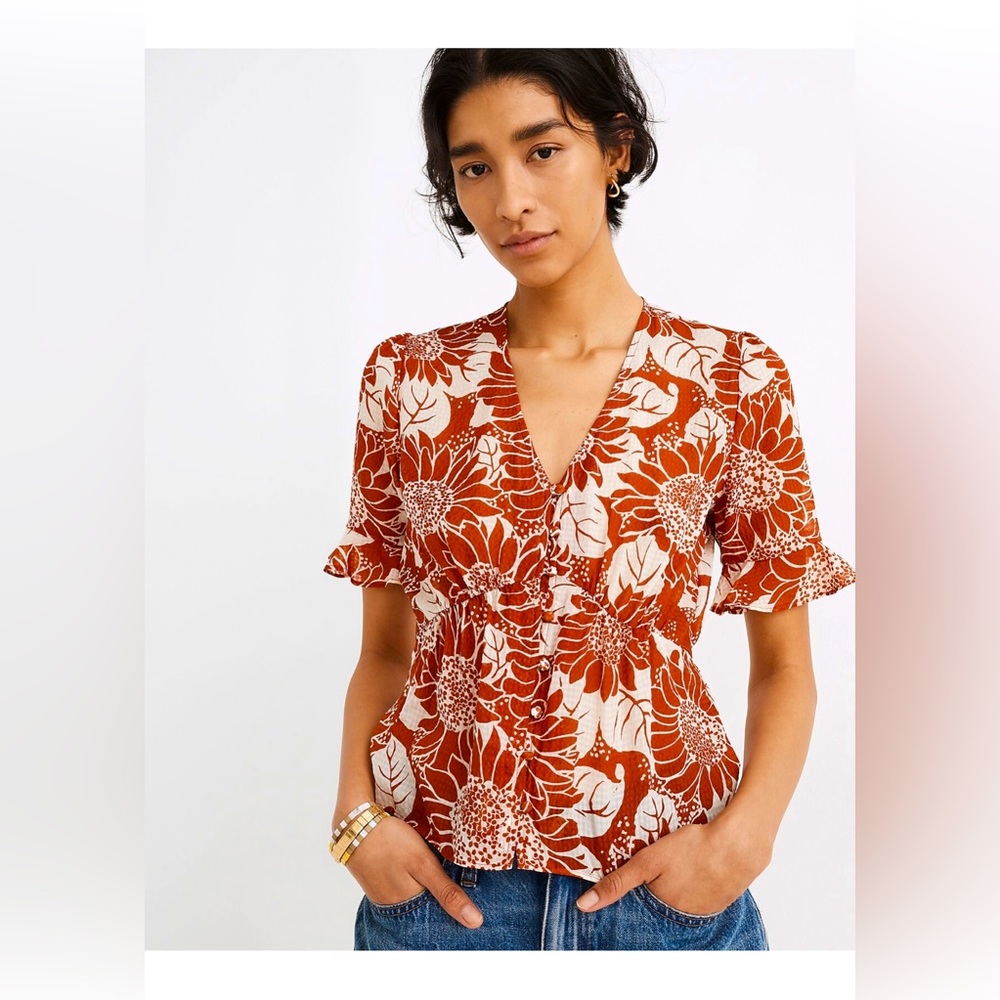 MADEWELL Silk Journal Keyhole-Sleeve Top in Sunflower Season